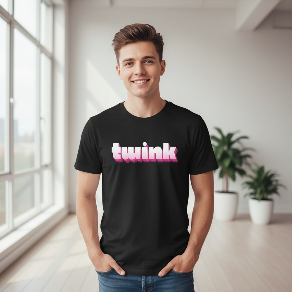 Black unisex LGBT t-shirt with “twink” in bold pink and white, worn by a smiling person in a bright plant-filled room