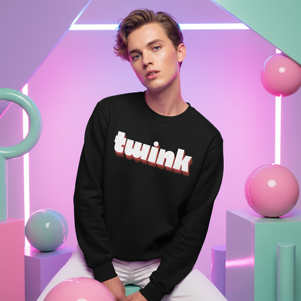 Twink Unisex Sweatshirt with bold white and pink 3D "twink" text