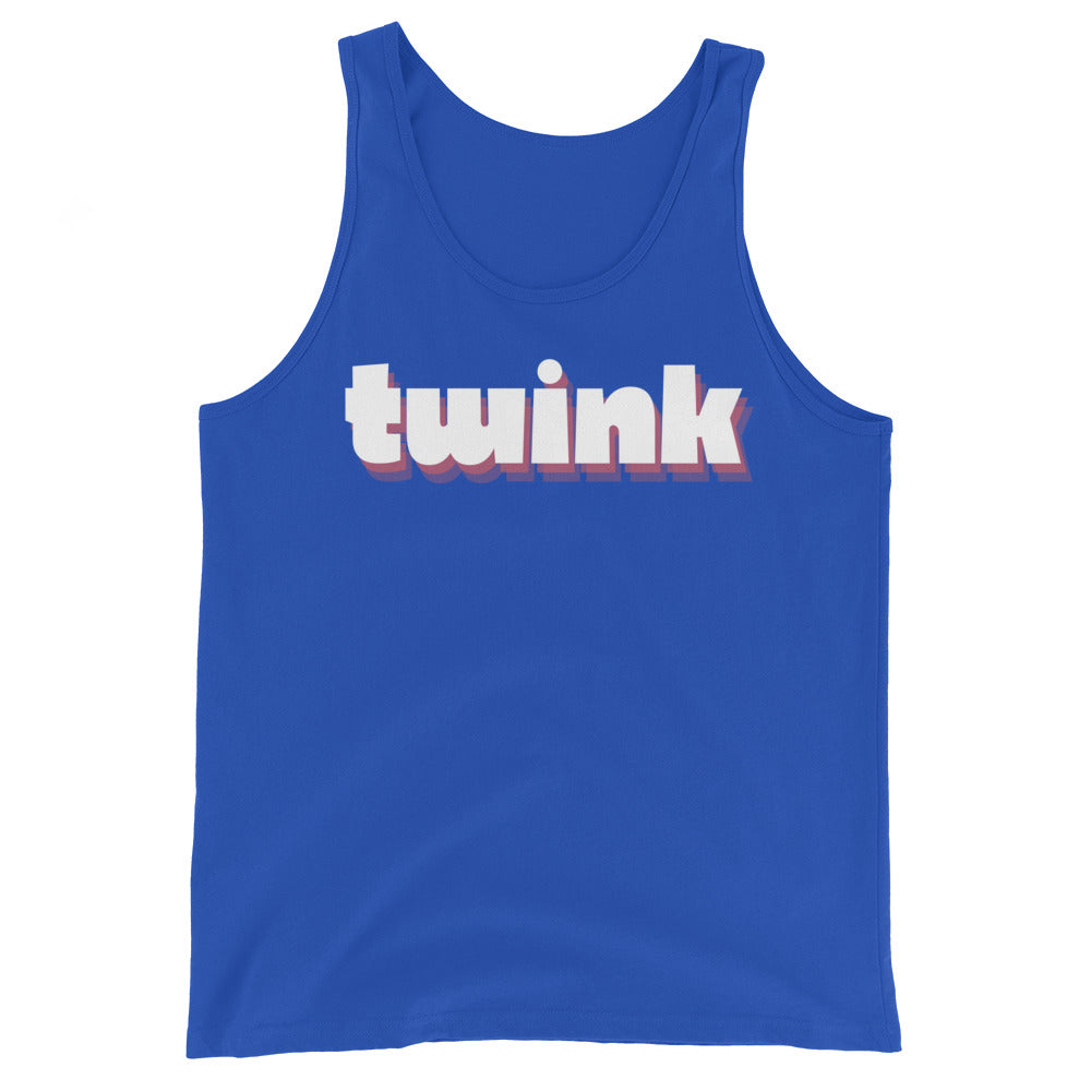 Front view of a royal blue tank top with white and pink “twink” lettering