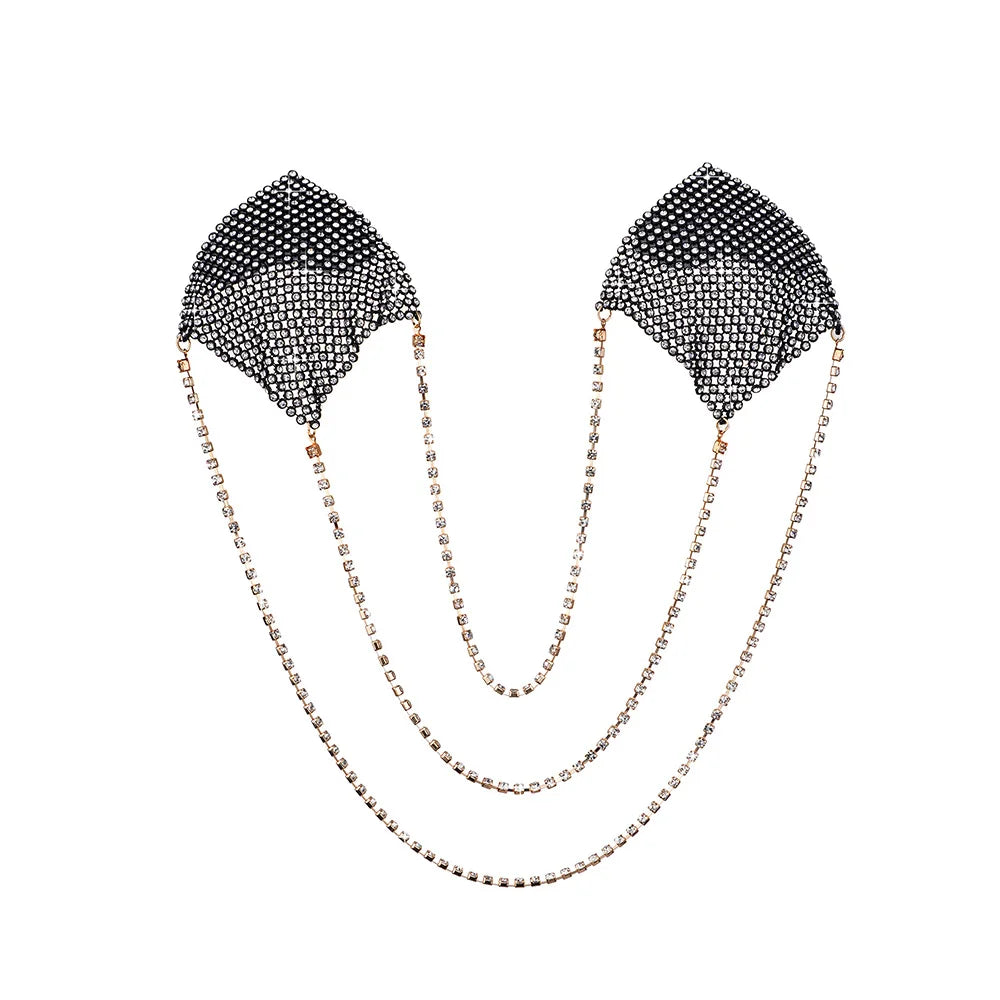 Front-facing pair of black rhinestone nipple covers with three draped jeweled chains