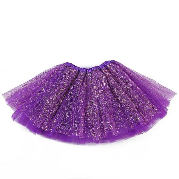 Purple glitter mesh tutu skirt displayed flat with a gathered elastic waistband