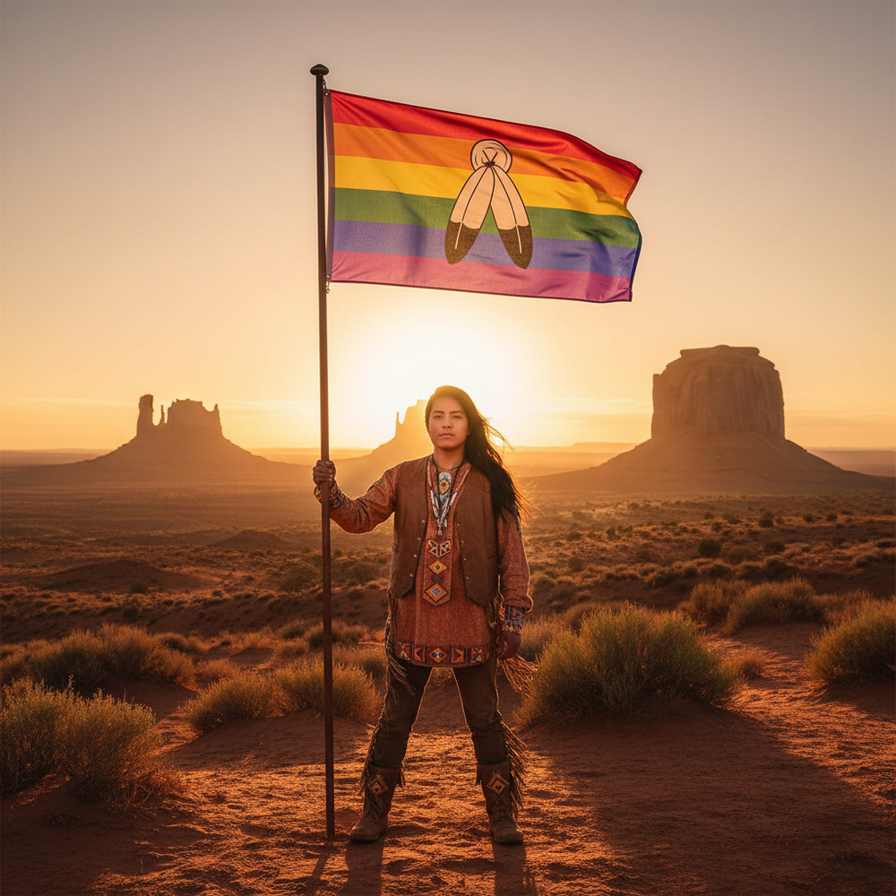 Person holds a rainbow Two-Spirit flag with a stylized Indigenous emblem in a desert at sunset