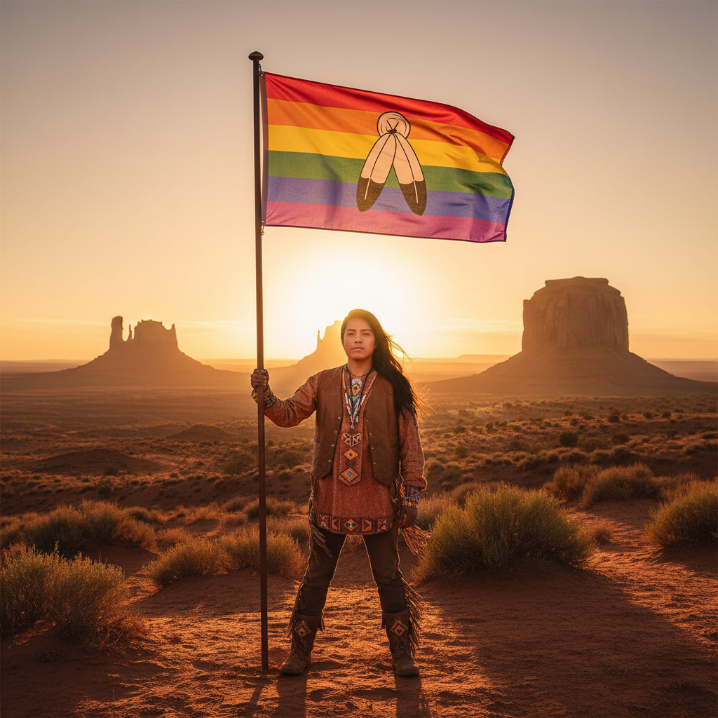 Person holds a rainbow Two-Spirit flag with a stylized Indigenous emblem in a desert at sunset