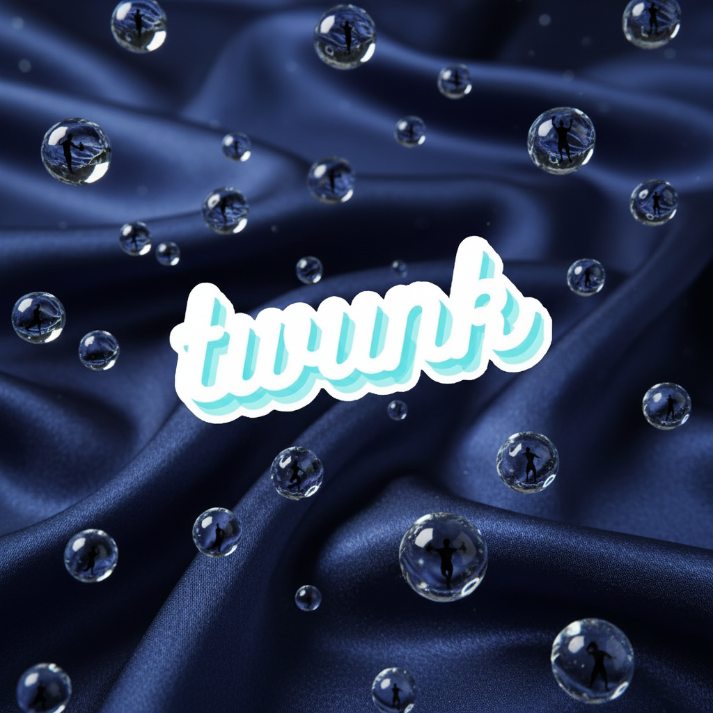 Sticker or magnet reading “twunk” amid floating glassy bubbles on dark blue fabric