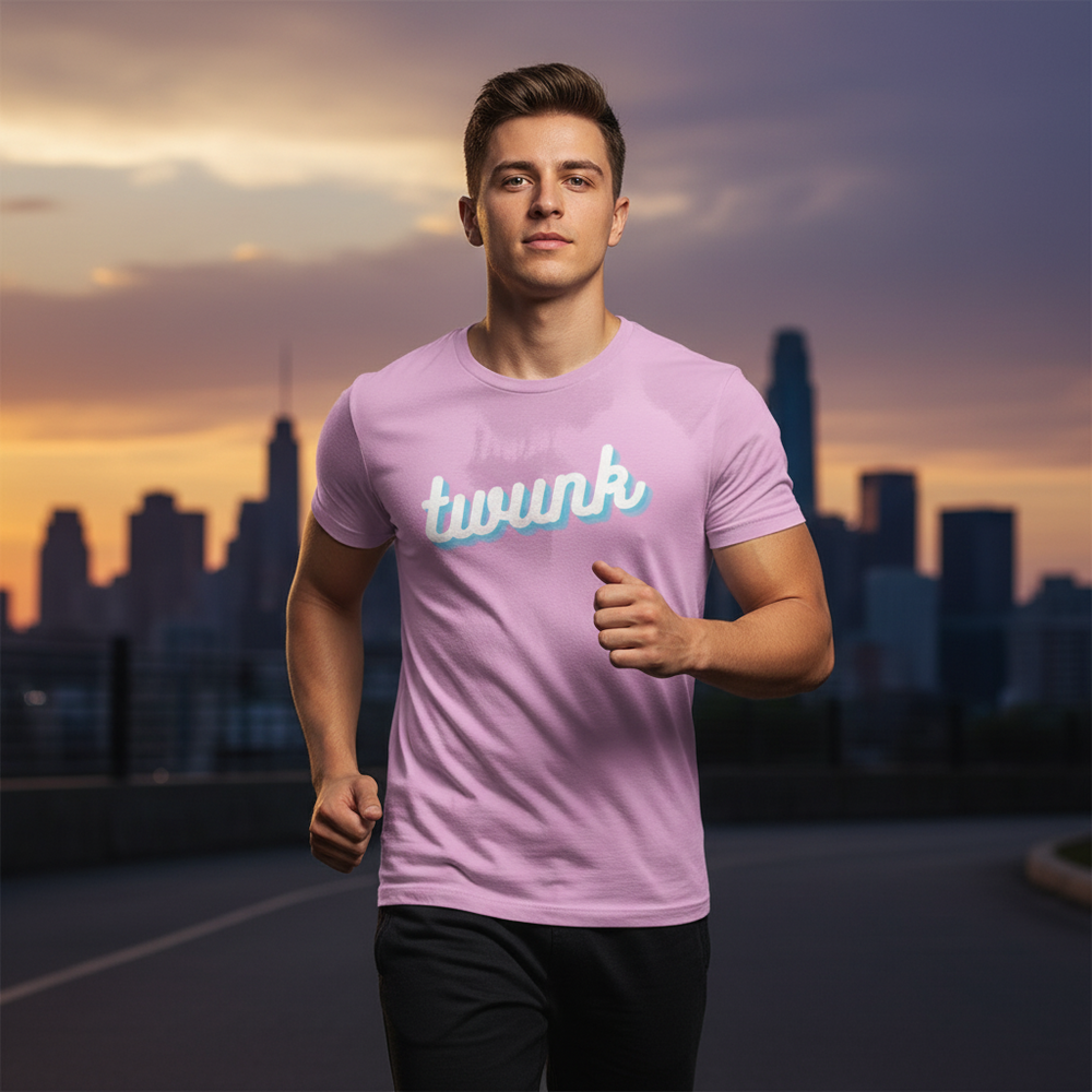 Front view of a person jogging in a pink T-shirt reading “twunk”