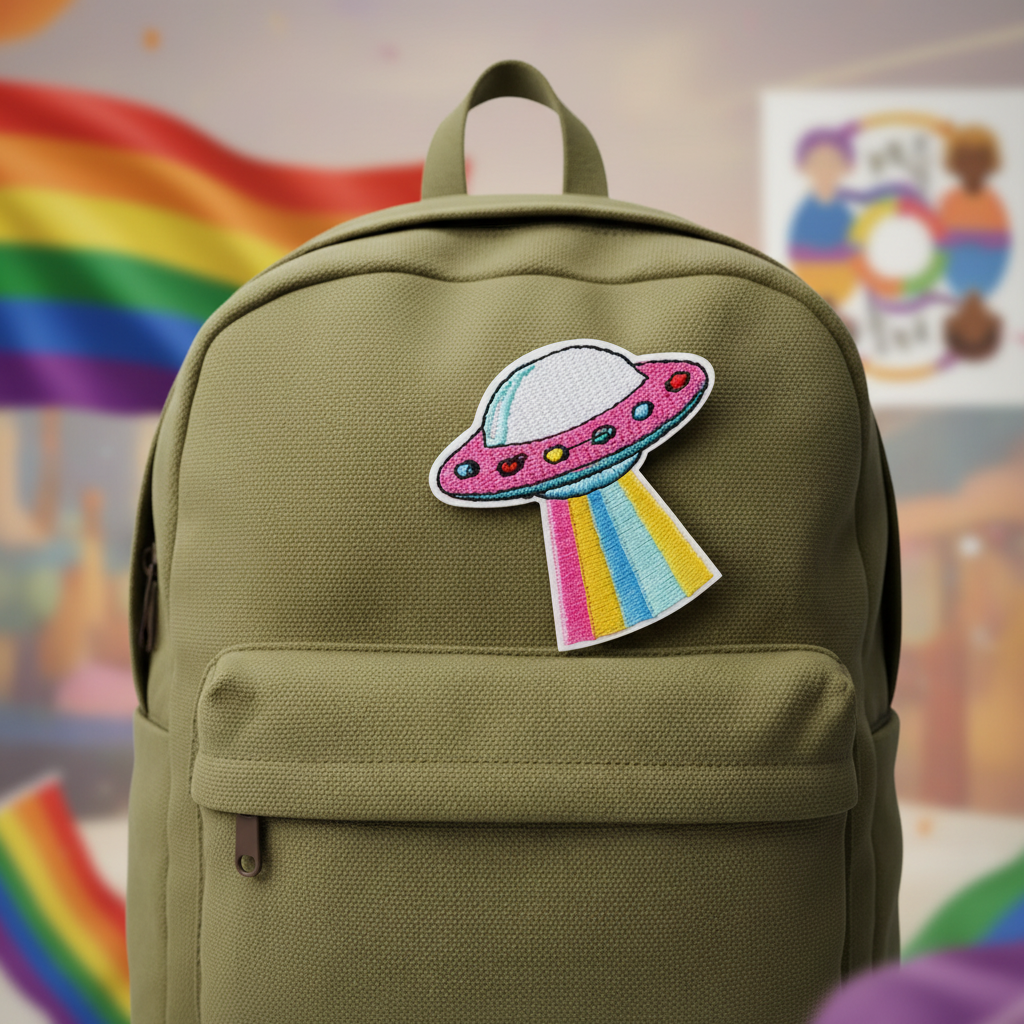 Olive-green backpack with UFO Pride rainbow-beam embroidered patch