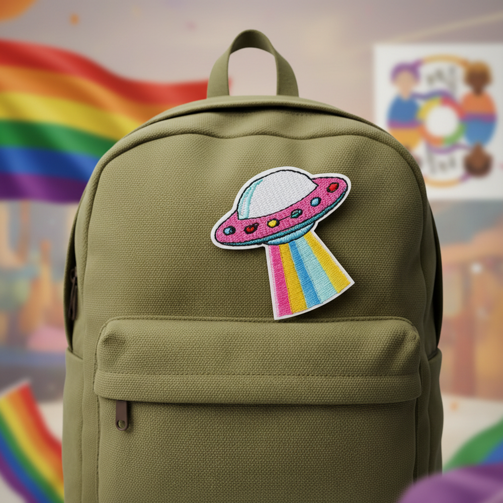 Olive-green backpack with UFO Pride rainbow-beam embroidered patch