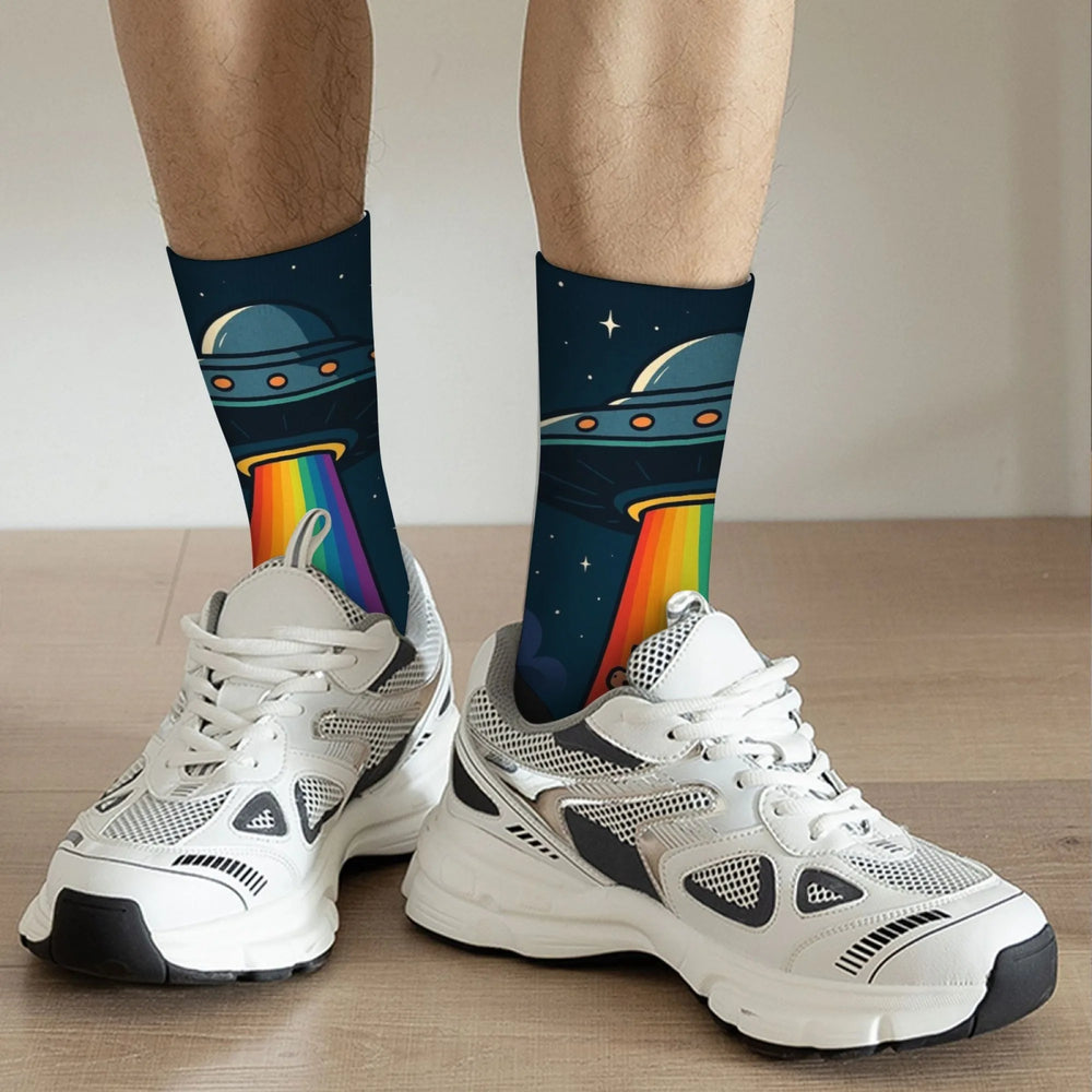 UFO socks worn with rainbow beams and flying saucer illustrations above white sneakers