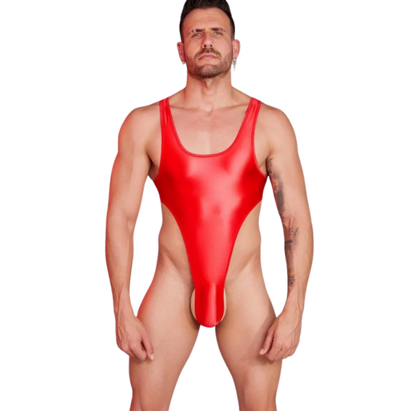 Red glossy high-cut backless bodysuit with narrow shoulder straps, worn by a model