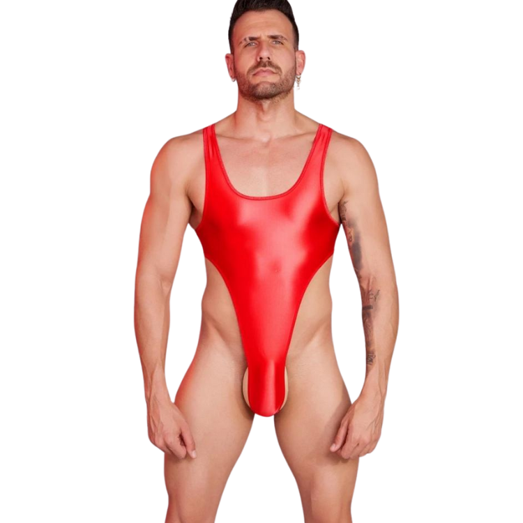 Red glossy high-cut backless bodysuit with narrow shoulder straps, worn by a model