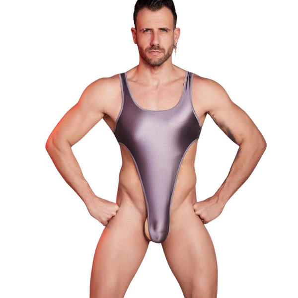 Front view of a metallic lavender high-cut backless bodysuit on a model
