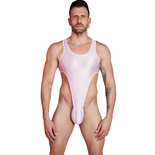 Man modeling a pale pink high-cut, backless bodysuit with a deep front cutout