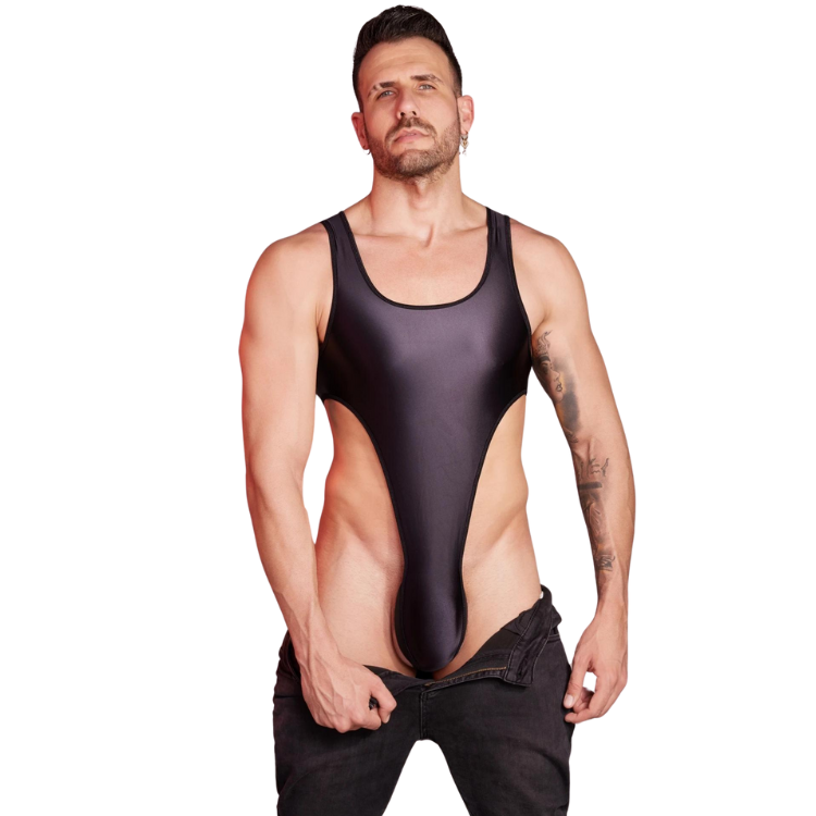 Front view of a black high-cut backless bodysuit with a low scoop neckline