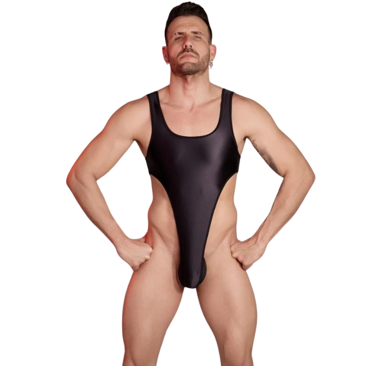 Front view of a black high-cut backless bodysuit worn by a model
