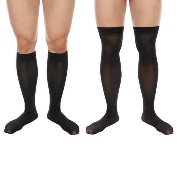 Two pairs of legs model sheer black stockings, shown knee-high on the left and thigh-high on the right