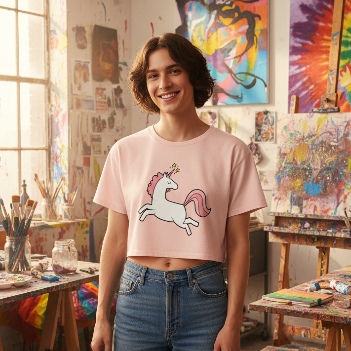 Smiling person wearing a pale-pink cropped T-shirt with a cartoon unicorn in an art studio