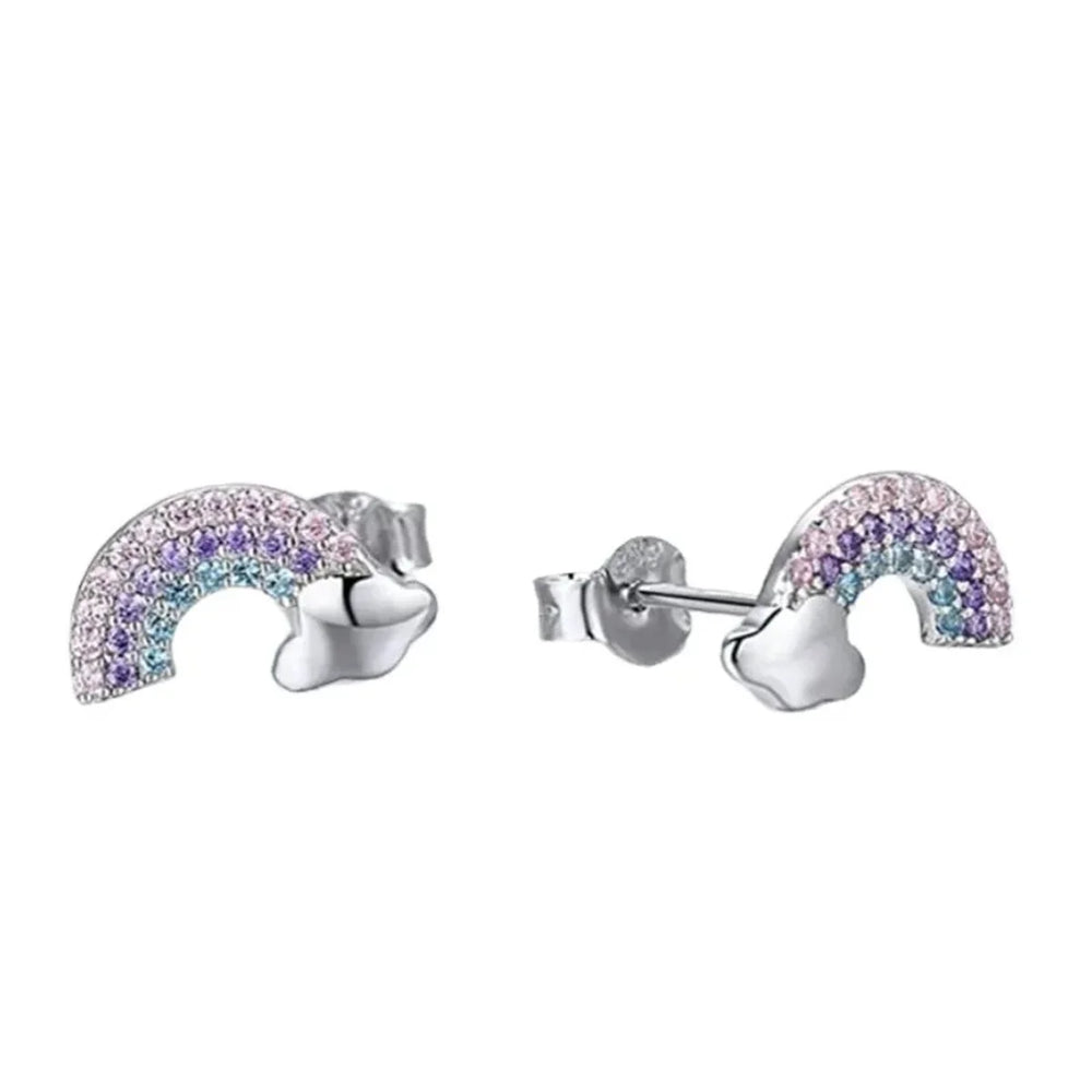 Pair of silver rainbow-shaped stud earrings with pink, purple, and blue stones