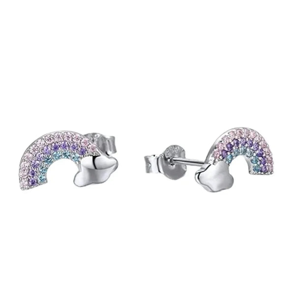 Pair of silver rainbow-shaped stud earrings with pink, purple, and blue stones