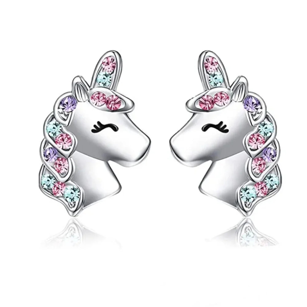 Pair of silver unicorn-head stud earrings with pink, blue, and purple crystal accents