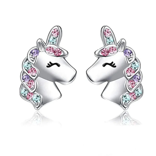 Pair of silver unicorn-head stud earrings with pink, blue, and purple crystal accents