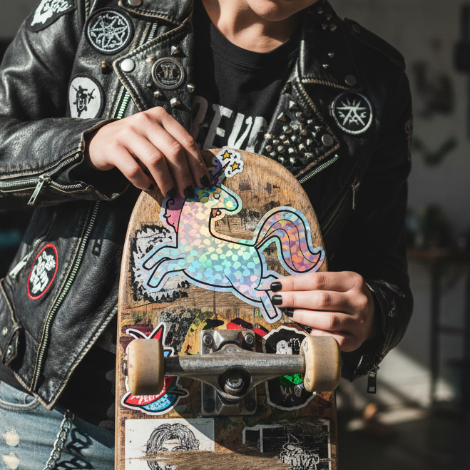 Skateboard deck with vinyl decals and a shiny Unicorn Holographic Sticker glows in sunlight