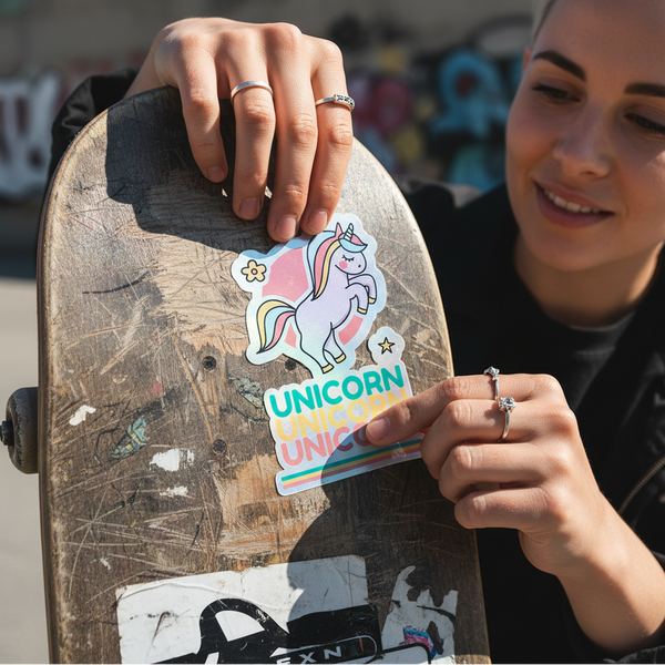 Unicorn Unicorn Unicorn holographic sticker pressed on a scratched