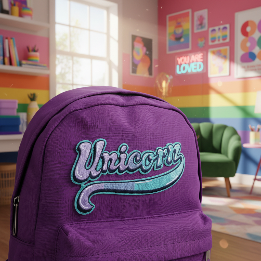 Purple backpack with a unicorn iron-on patch rests in a queer-bright room: rainbow-striped walls, bold art, books