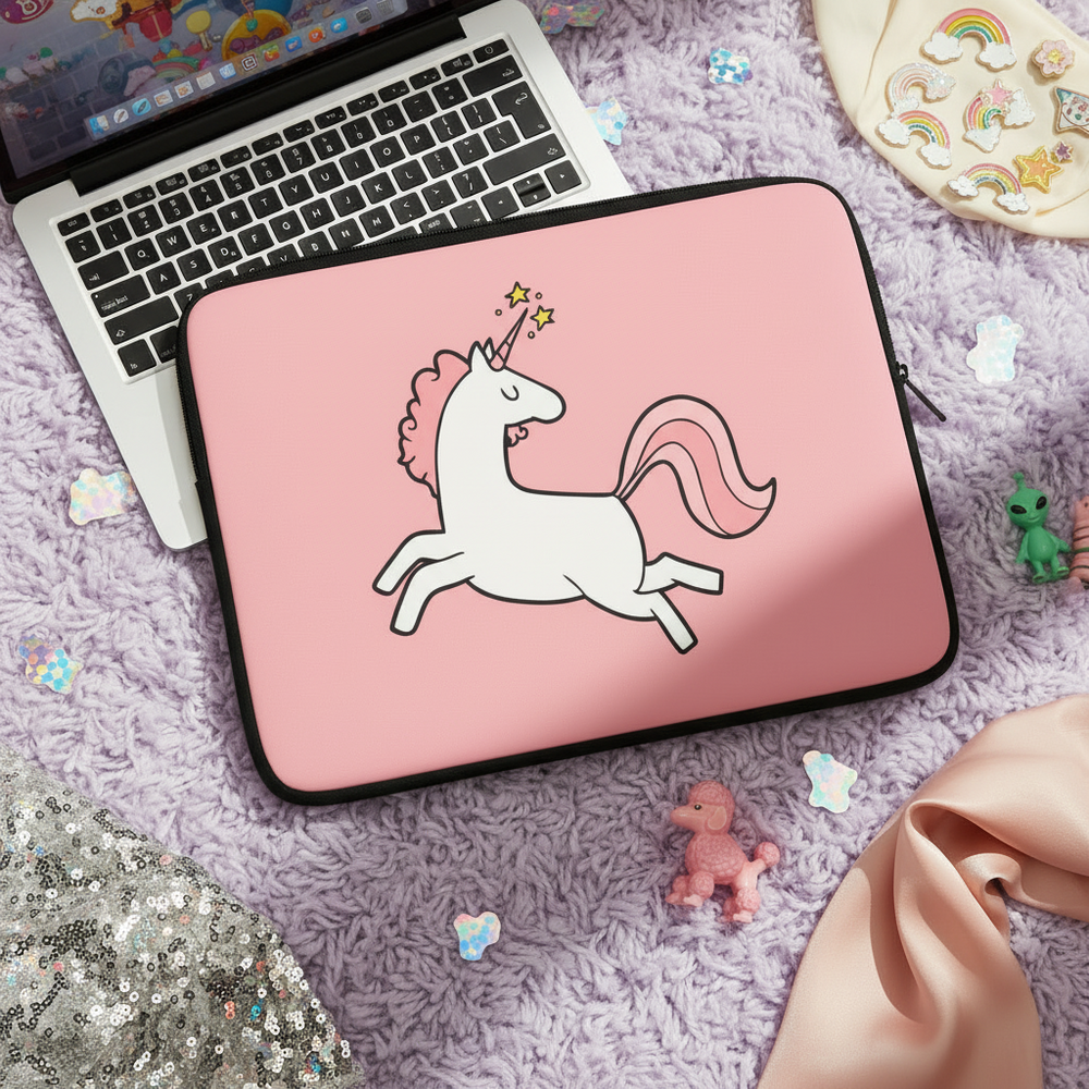 Unicorn laptop sleeve in pink neoprene, featuring a white unicorn with pink mane, yellow stars near horn
