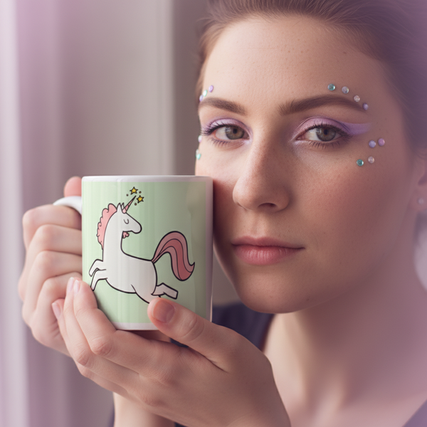 Close-up of a person holding a pale green mug with a leaping unicorn illustration