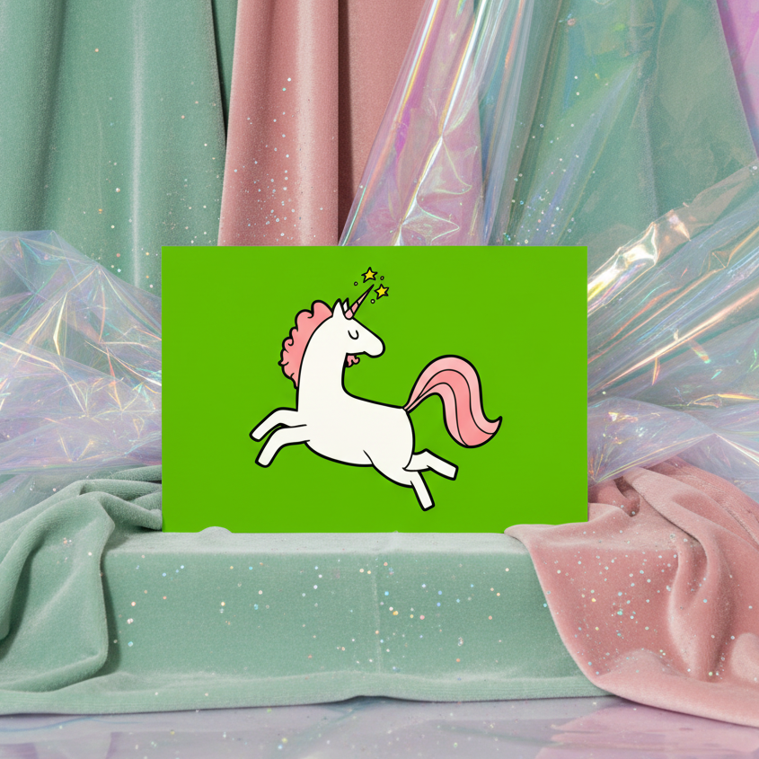 Unicorn Postcard showing a white unicorn with pink mane and tail, sparkling horn, centered on a bold green background