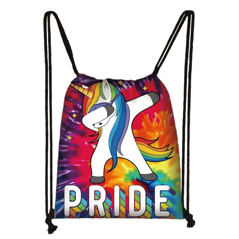 Rainbow unicorn drawstring bag with large white PRIDE lettering