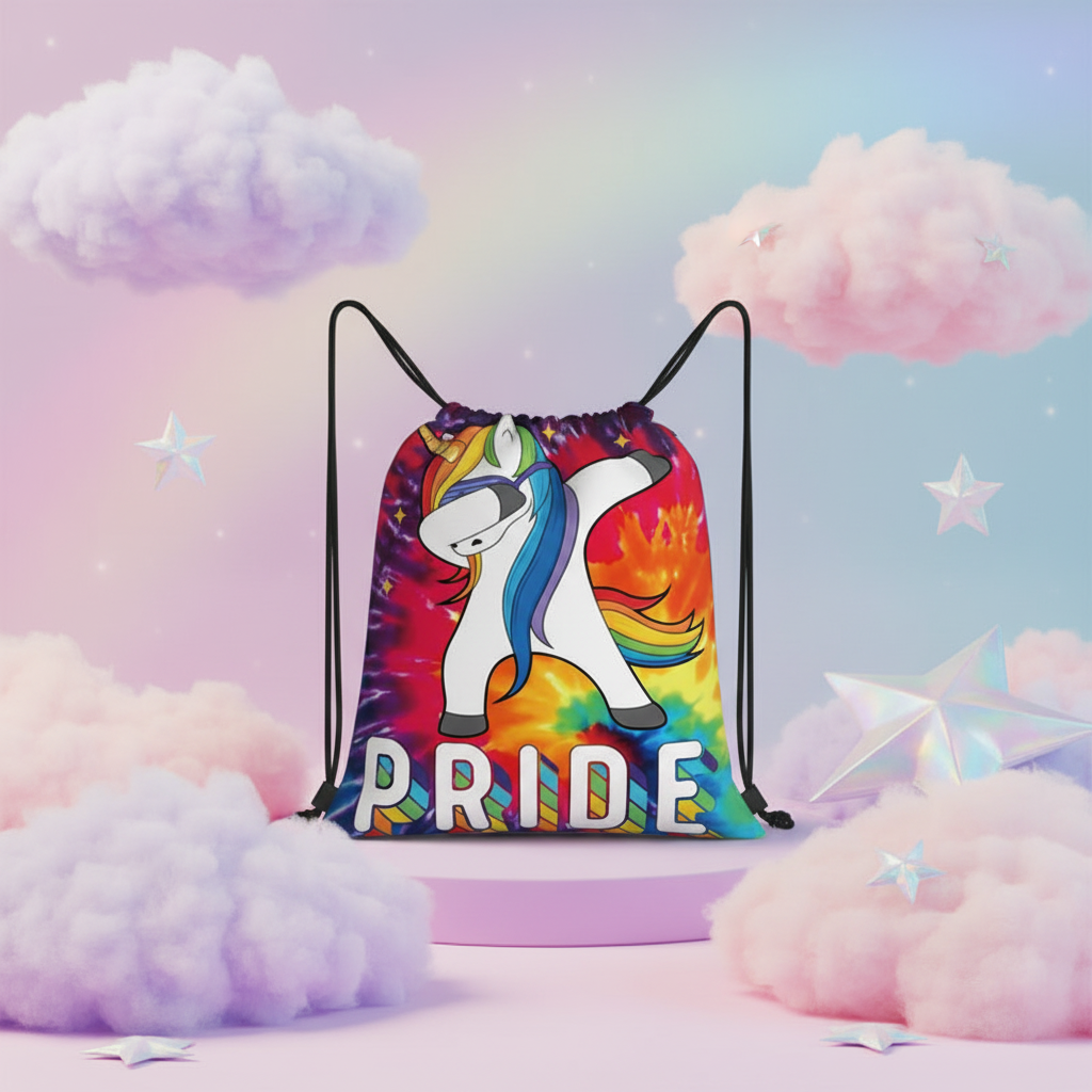 Unicorn Pride drawstring bag with rainbow tie-dye, “PRIDE” text, dancing unicorn