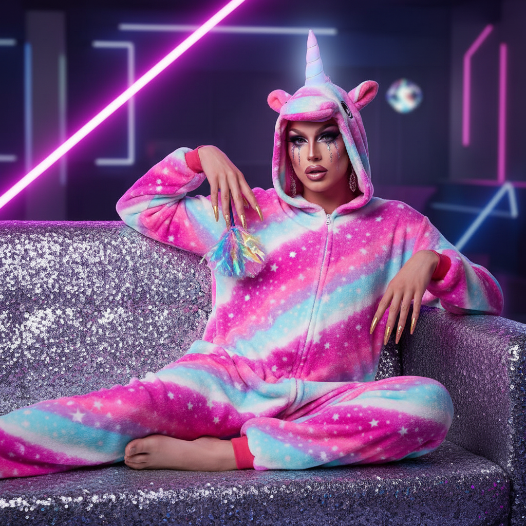 Model wearing a pink and blue star-print unicorn hooded onesie on a glittery couch