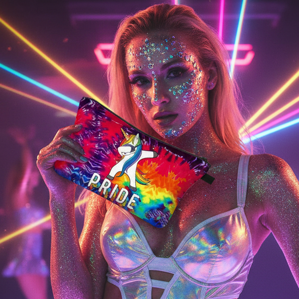 Rainbow unicorn PRIDE cosmetic pouch held by a glittered model at a neon rave