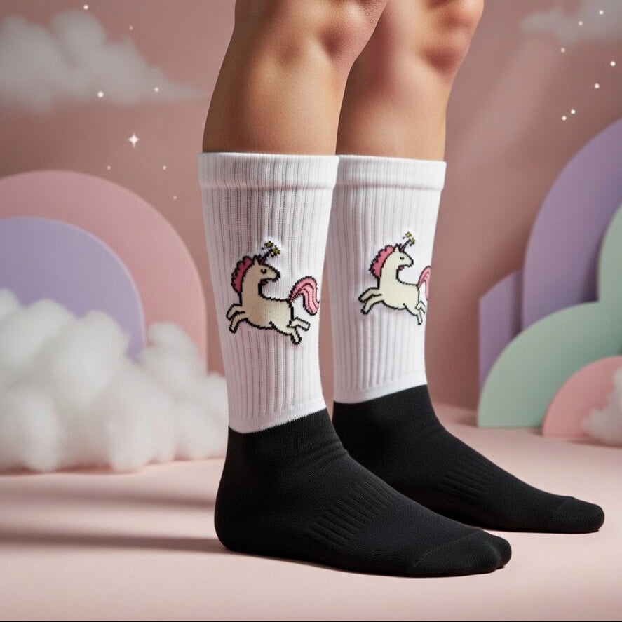 Crew-length socks with black feet and white ribbed cuffs, featuring a pixel-art unicorn with a pink mane, rainbows