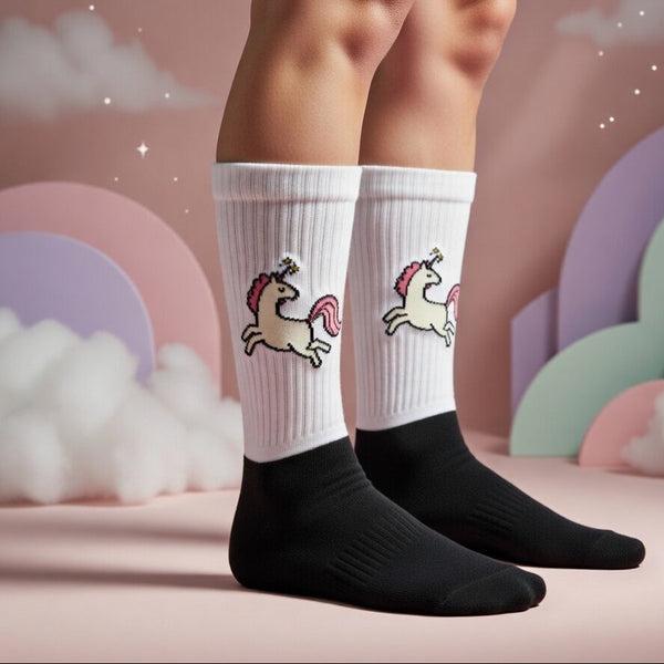 Crew-length socks with black feet and white ribbed cuffs, featuring a pixel-art unicorn with a pink mane, rainbows
