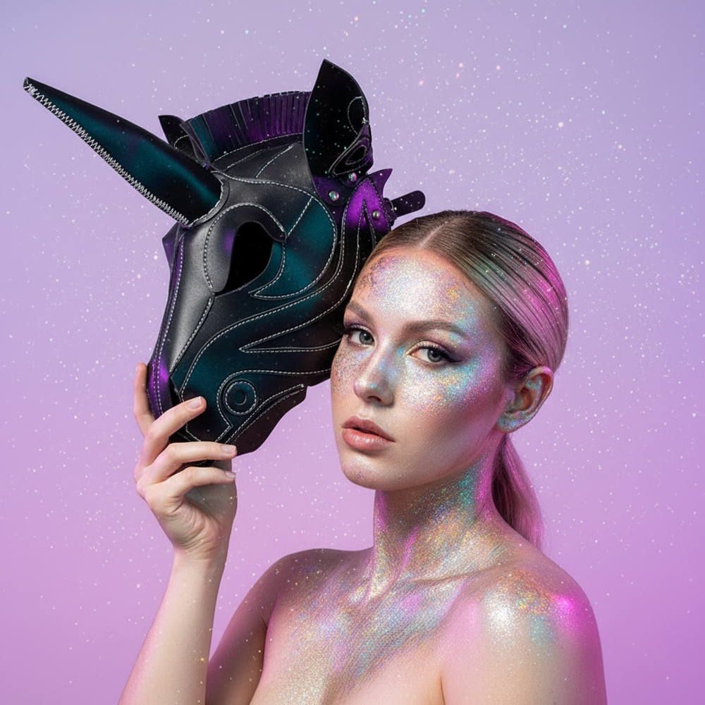 Model holds a black unicorn-style equine mask beside their face against a lavender backdrop