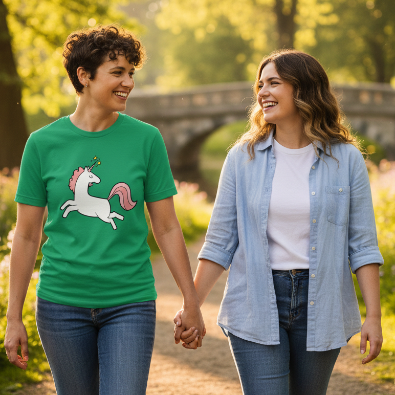 Unicorn T-Shirt with a cheerful unicorn graphic, worn by one person holding hands with another