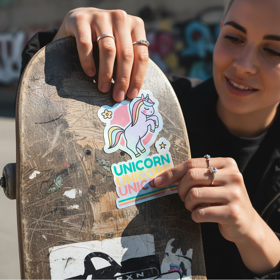 Unicorn Unicorn Unicorn holographic sticker pressed on a scratched
