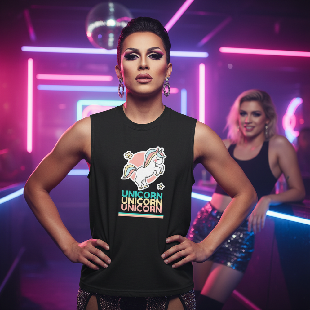 Unicorn Unicorn Unicorn Muscle Top pops in neon club light on a confident, bold-makeup wearer