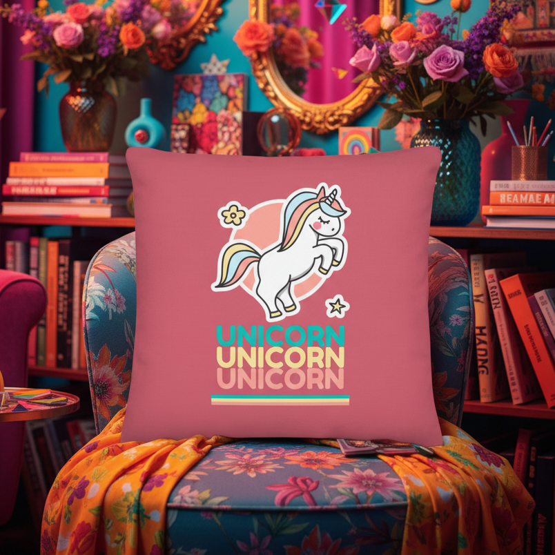 A floral armchair in a vibrant room holds the Unicorn Unicorn Unicorn Pillow—pink, with a cartoon unicorn, rainbow
