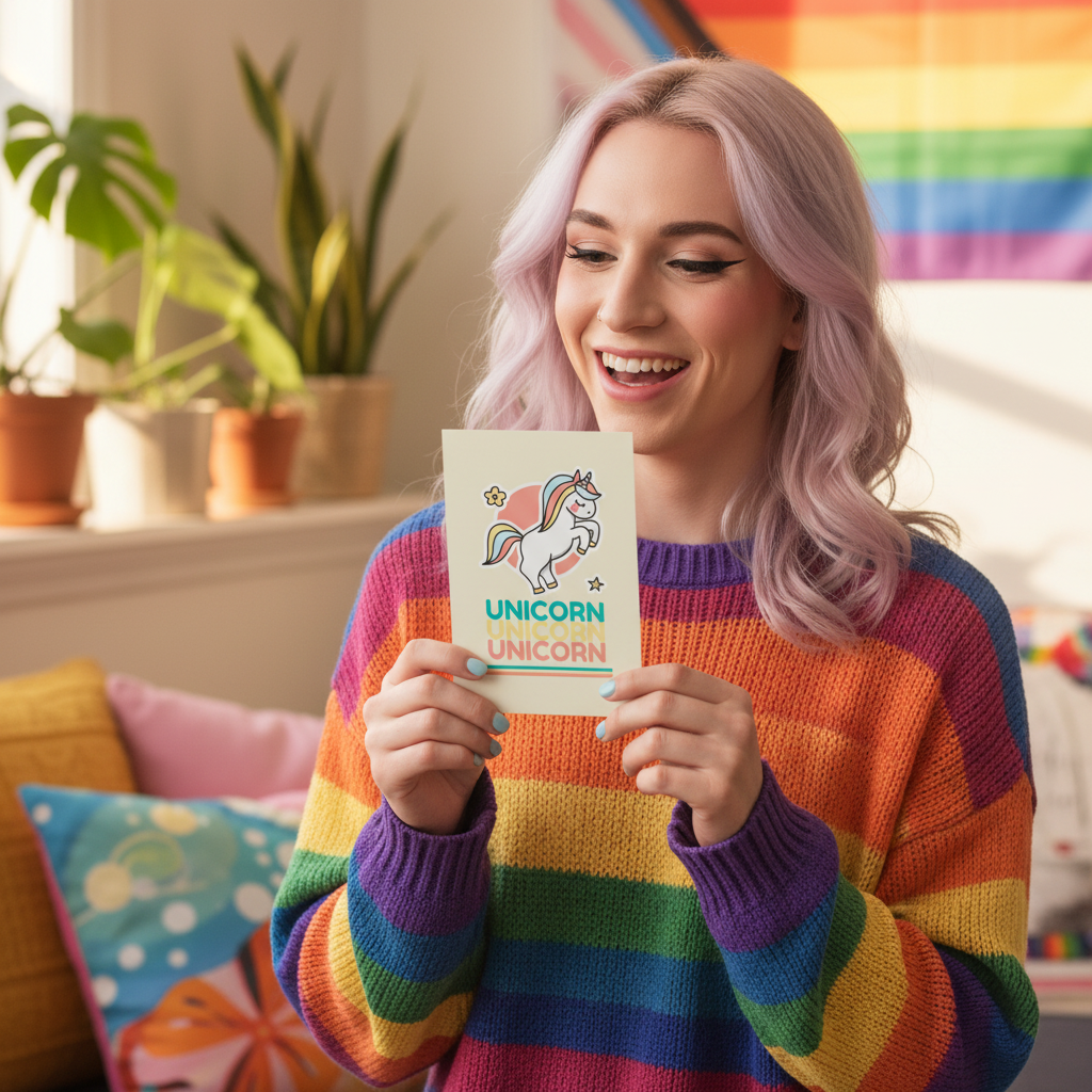 Unicorn Unicorn Unicorn Postcard held by a person in pastel purple hair and rainbow sweater; cozy room, plants
