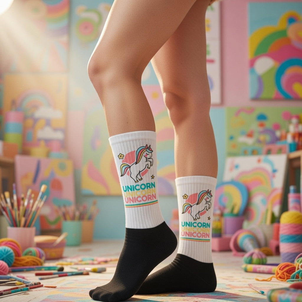 Unicorn Unicorn Unicorn Socks—bold crew socks with black toes and heels, unicorn art