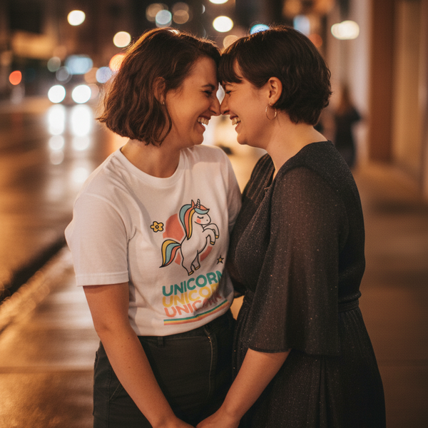 Unicorn Unicorn Unicorn T-Shirt with vibrant colors worn by one person, foreheads touching their partners dark
