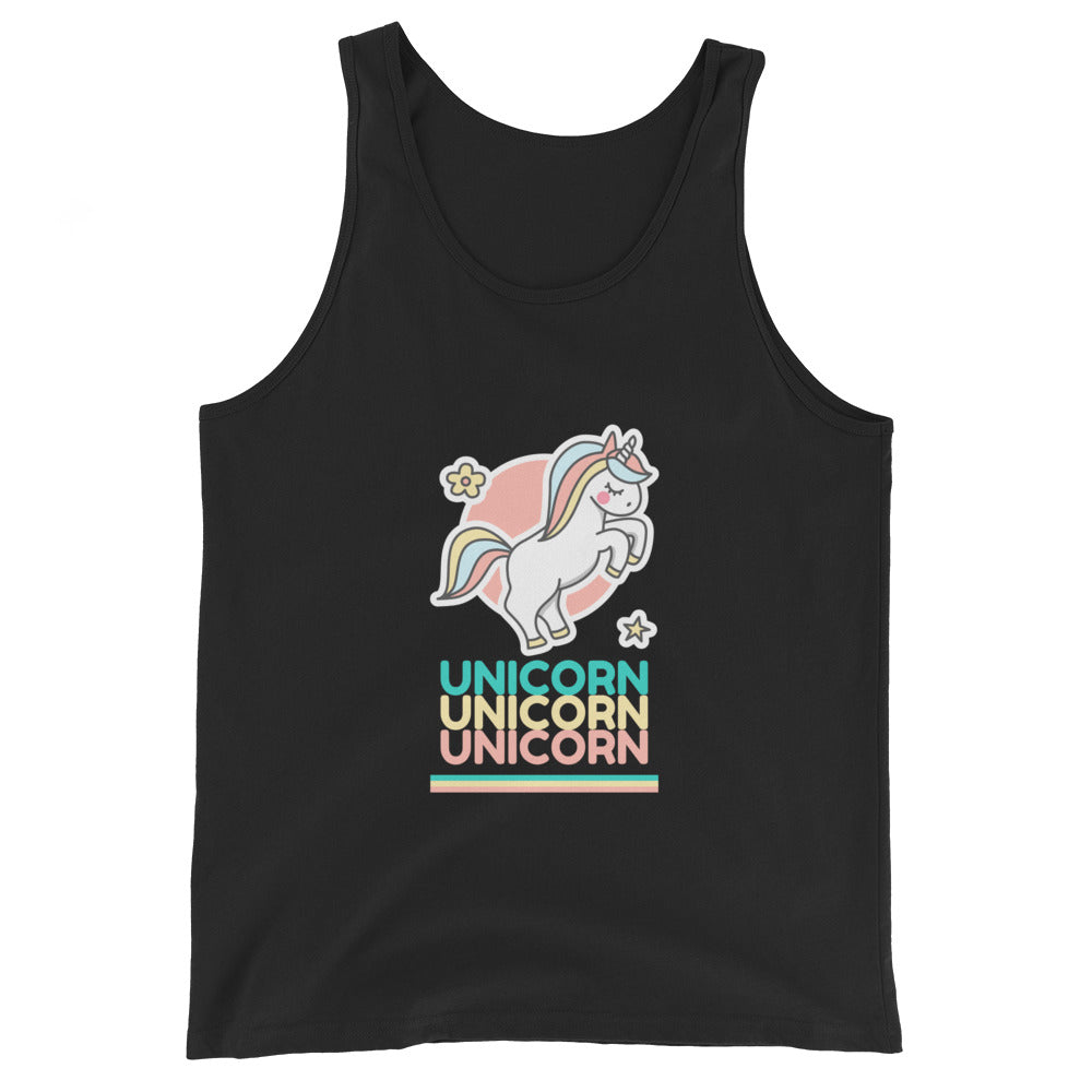 Black tank top with a pastel unicorn graphic and “UNICORN” repeated three times