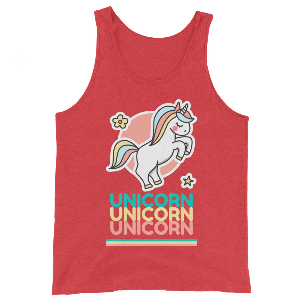 Front view of a red tank top with a cartoon unicorn and repeated “UNICORN” text