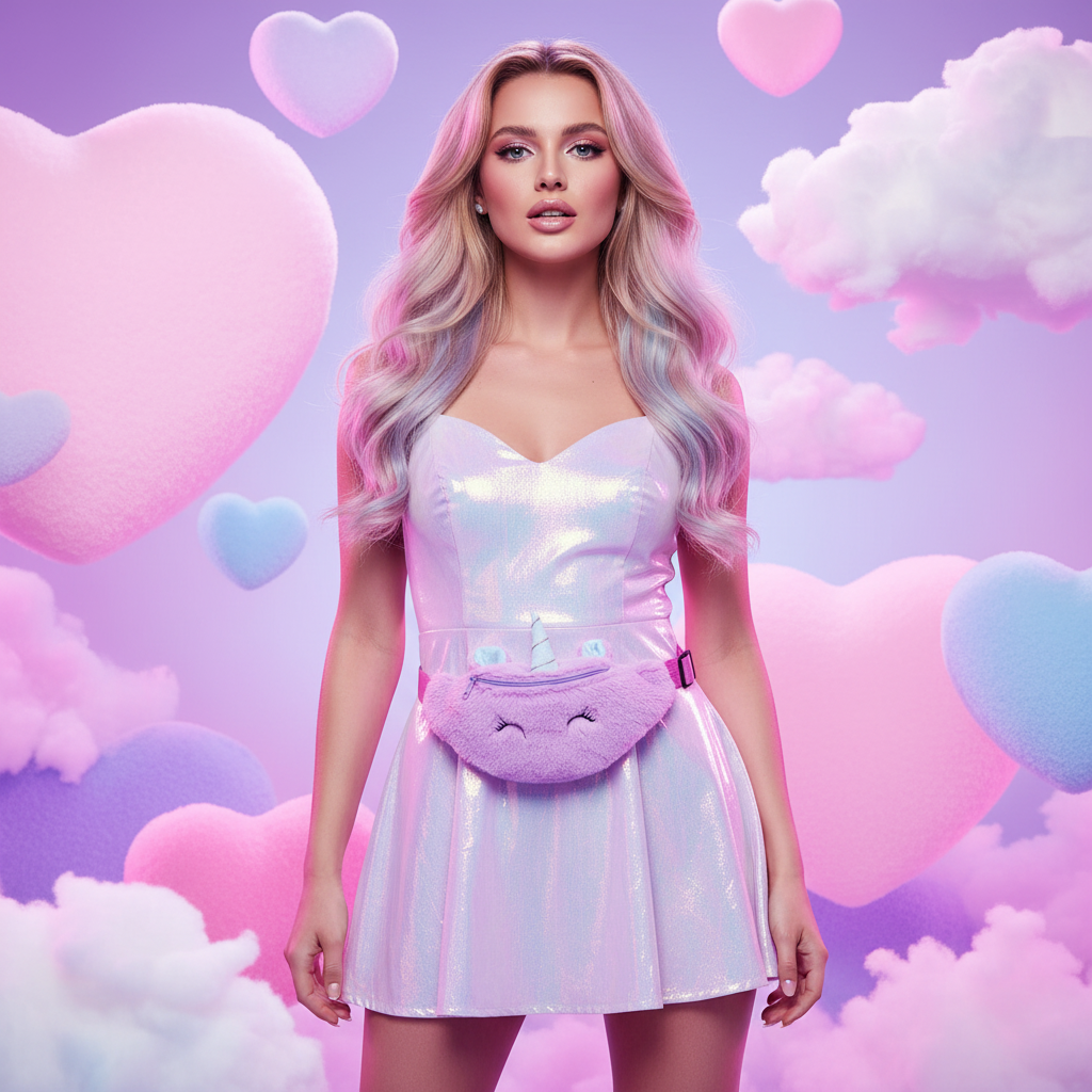 Model wearing a fuzzy pink unicorn fanny pack over an iridescent dress