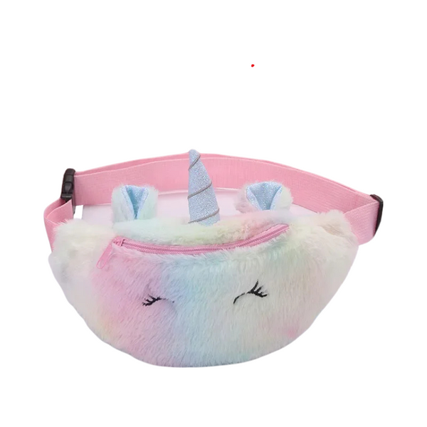 Pastel rainbow unicorn fanny pack with plush texture, horn, ears, and pink zipper