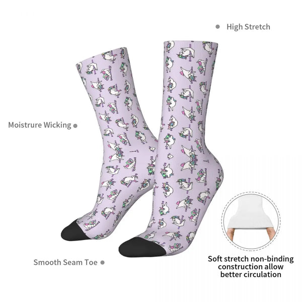 Pair of lavender unicorn-print crew socks with black toes and feature callouts