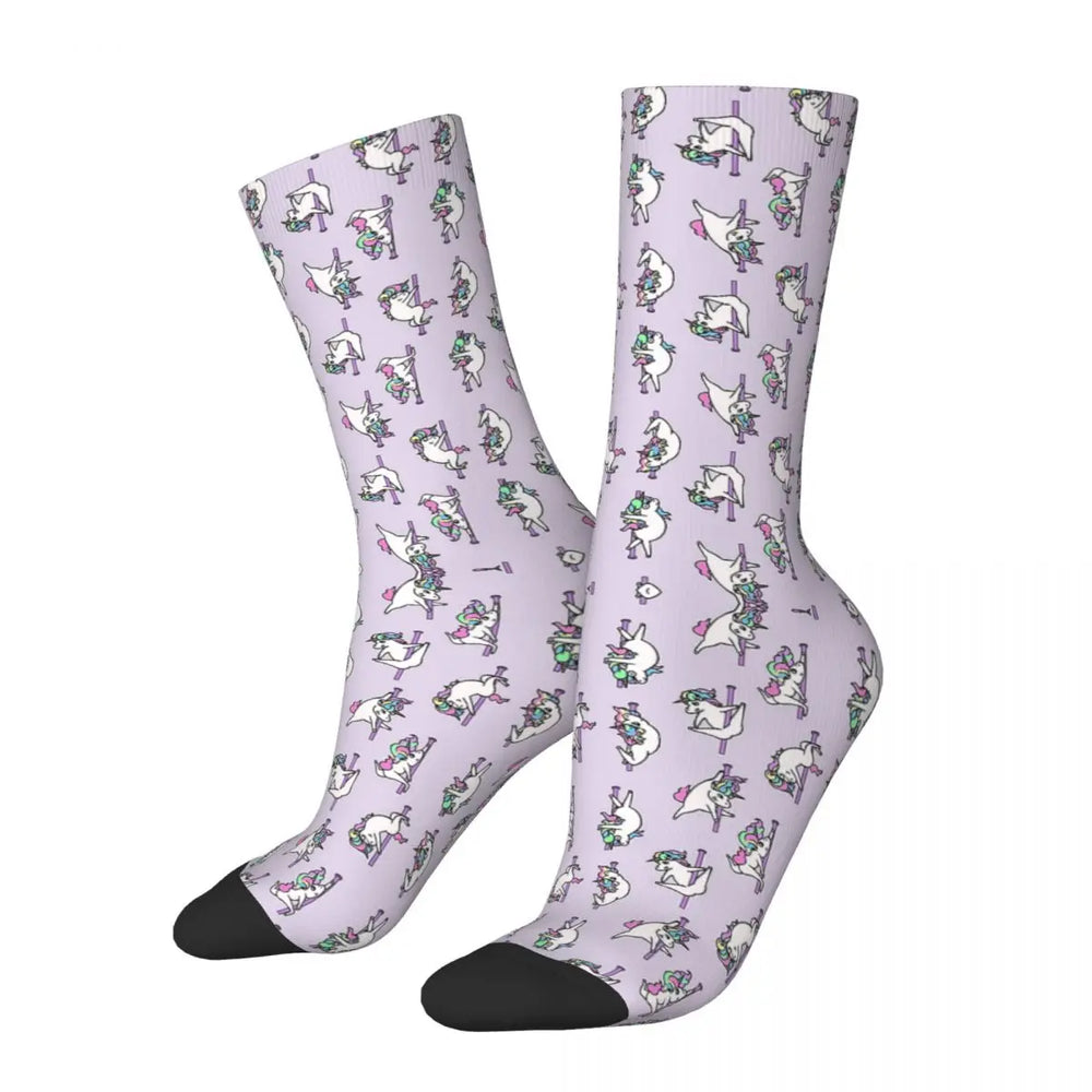 Pair of lavender socks with colorful dancing unicorns and black toes